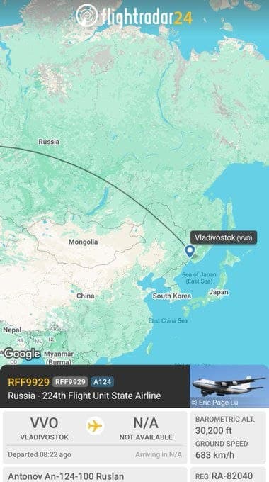 러시아 An-124 수송기, 블라디보스토크서 모스크바로 귀환…북한 미사일 운반 가능성 제기
