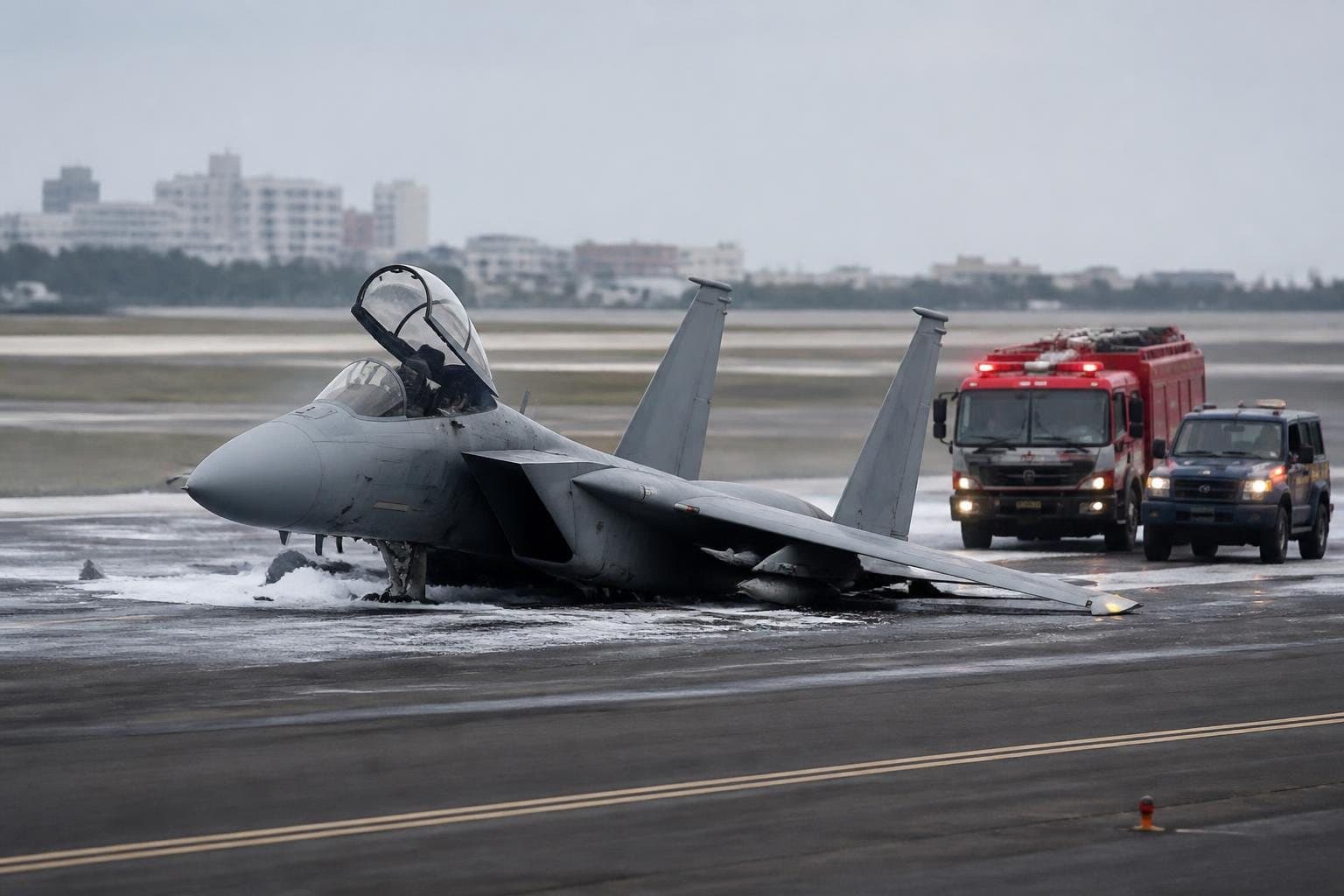 일본 공군 F-15J 전투기, 오키나와 나하공항에서 긴급착륙…좌측 착륙장치 고장